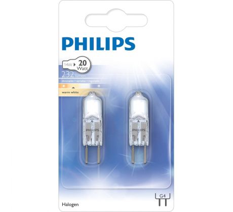 Halogénová žiarovka PHILIPS G4 20W , 232 lumen, teplá biela, 2ks v balení