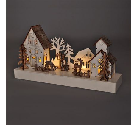 1V256 Solight LED Vianočná dedinka, 34x17cm, drevo, 4 LED, 2x AA